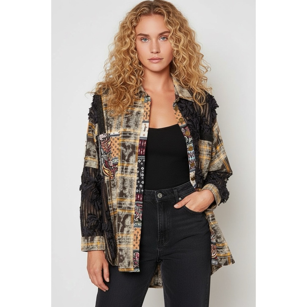 POL Black Patchwork Button Down Shirt | 3D Floral Lace Long Sleeve High Low - Picture 3 of 6